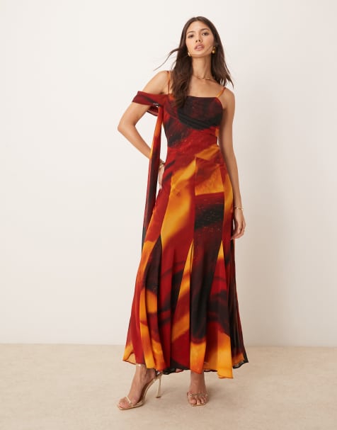 Forever New drop waist tie sleeve maxi dress in brown abstract