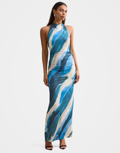 Forever New – Dżersejowa sukienka maxi z dekoltem halter w niebieski abstrakcyjny wzór - view 1