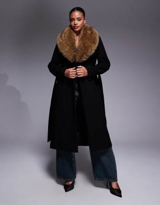 Forever New - Eleganter Mantel aus Wollmix in Schwarz mit abnehmbarem Kunstpelz-Kragen in Kamelbraun