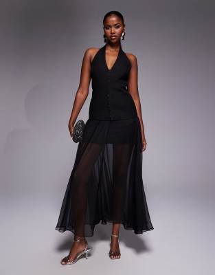 Forever New - Elegantes Neckholder-Maxikleid aus Chiffon-Mix in Schwarz mit Haken- und Ösenverschluss