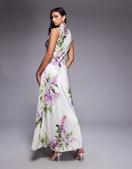 Forever New - Elfenbenshvid maxikjole i satin med blomsterprint og halstørklæde med kvaster, 4 af 4