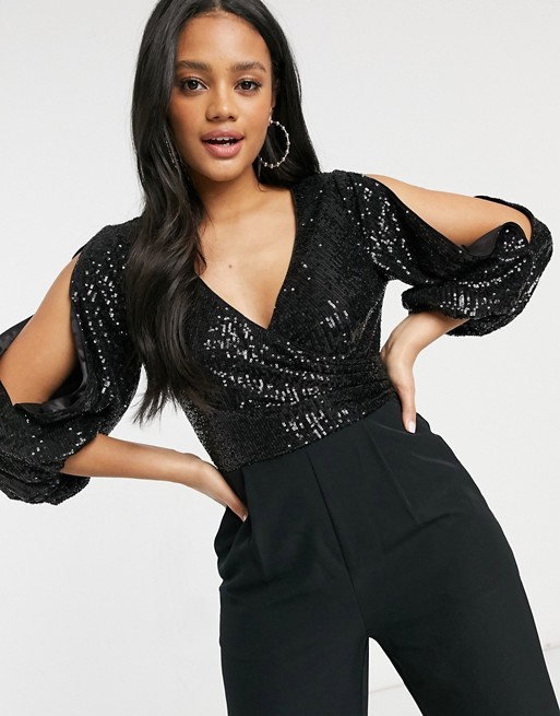 Forever New embellished jumpsuit with plunge neck and open sleeve in black