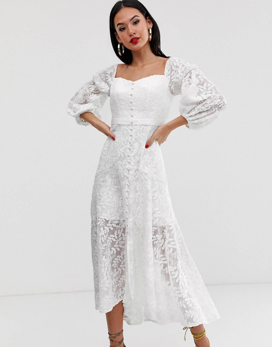 Forever New embroidered bardot dress in white