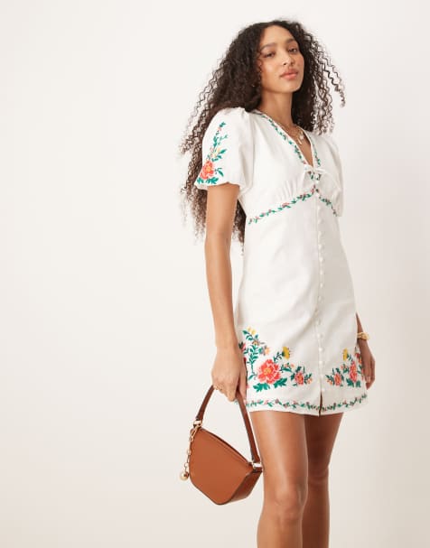 Forever New embroidered floral tea mini dress in white - view 1
