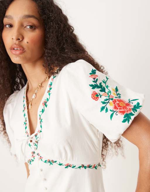 Forever New embroidered floral tea mini dress in white | ASOS