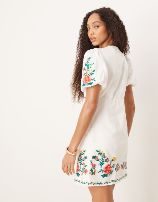 Forever New embroidered floral tea mini dress in white | ASOS