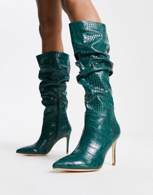 Forever New exclusive knee high boots in emerald croc - ASOS Price Checker