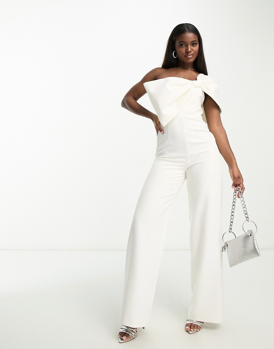 Forever New fallen shoulder bow jumpsuit in ivory-White