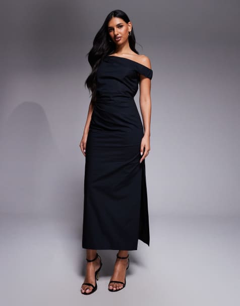 Forever New fallen shoulder linen look midi dress in black - view 1