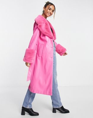 Forever New faux fur belted PU coat in pink