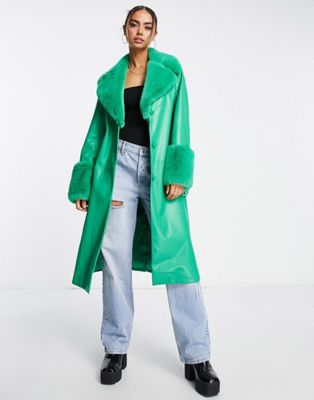 Forever New faux fur belted PU coat in vibrant green