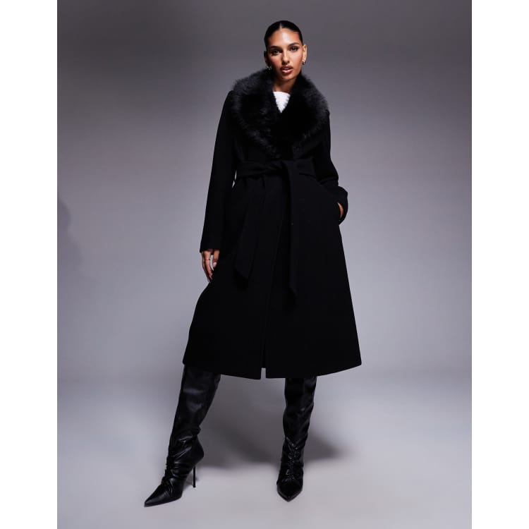 Forever New faux fur collar coat in black | ASOS