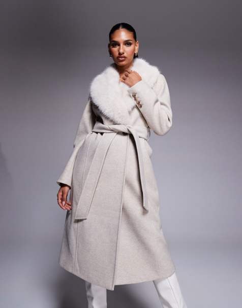 Forever New faux fur collar coat in stone - view 1