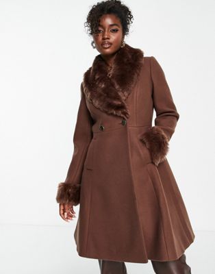 Forever New faux fur collar coat with cuffs in chocolate