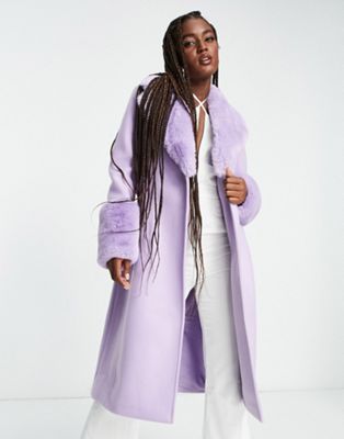 Forever New faux fur collar coat with cuffs in lilac