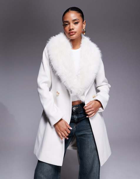 Forever New faux fur collar formal belted coat in white - view 1