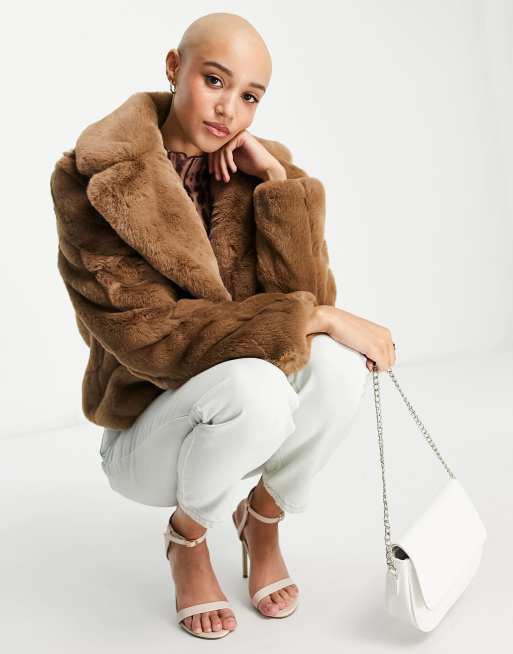 Topshop cropped faux fur coat in tipped winter white