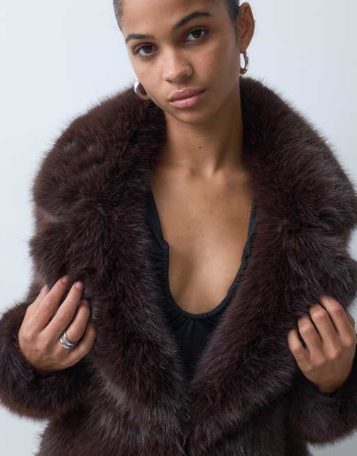 Forever New faux fur long line coat in chocolate, 2 of 5