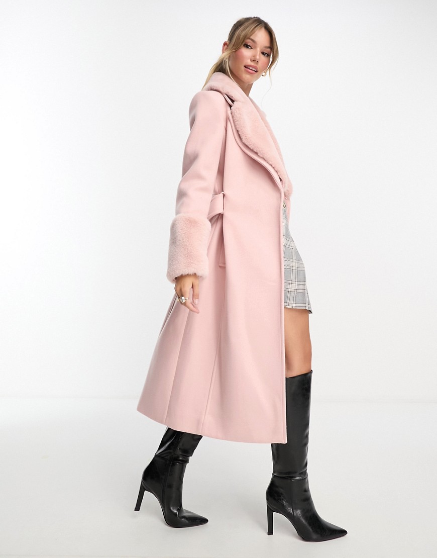 Forever New faux fur midi coat in powder pink