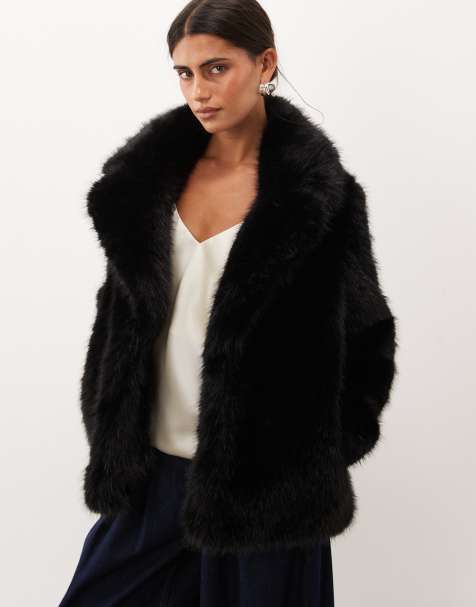 Forever New faux fur revere collar short coat in black - view 1