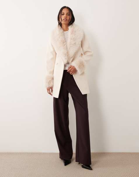 Forever New faux fur trim belted short coat in cream - view 1