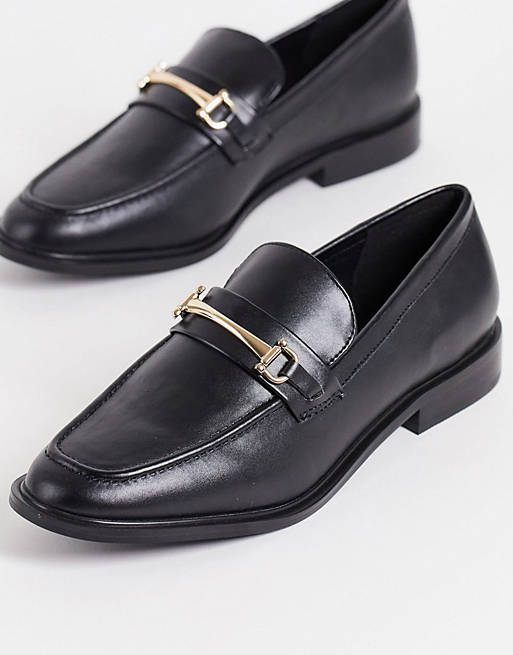Forever New flat loafer shoes with gold buckle in black
