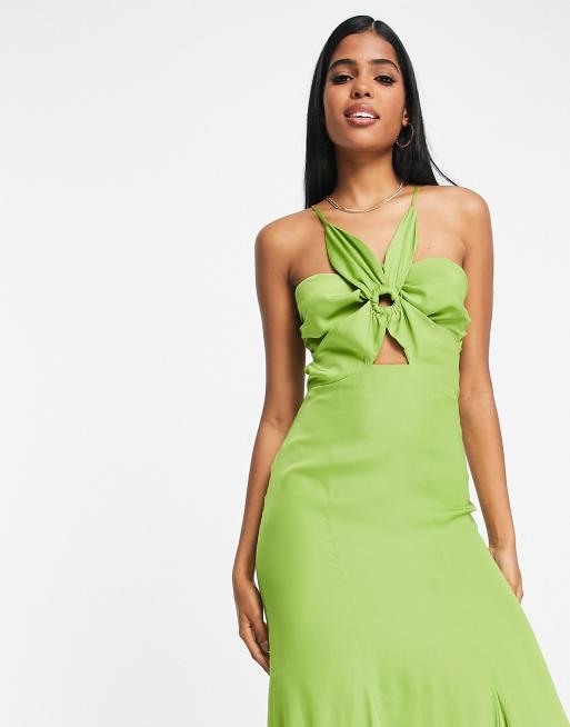 Forever New flower midi cut out dress in green satin ASOS