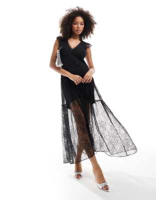 Forever New Forever New flutter sleeve lace maxi dress in black