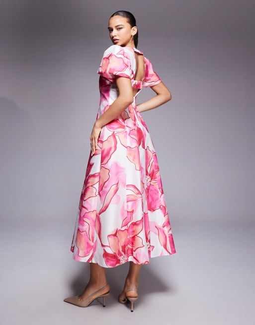 Forever New flutter sleeve panelled cut out back midaxi dress in pink floral print, 2 of 4