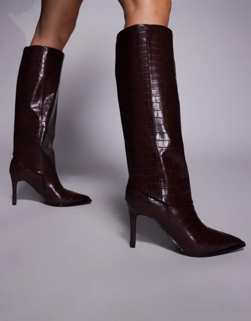 Forever New foldover knee high boots in wine croc