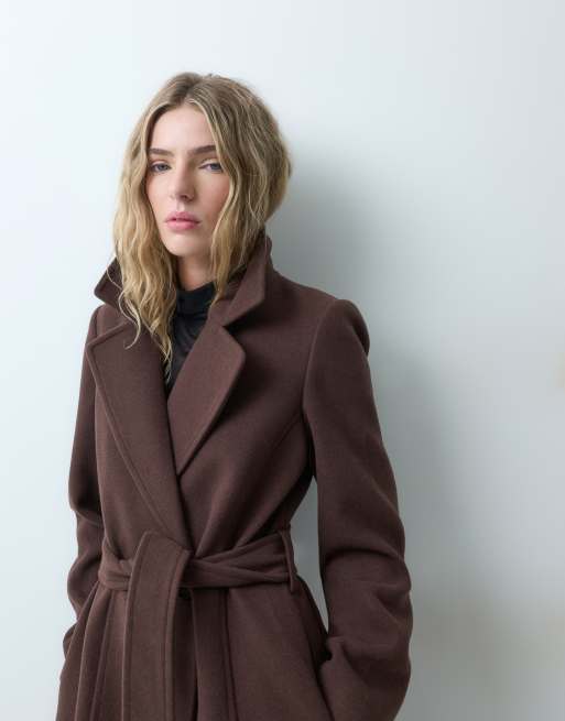 Forever New formal belted detachable faux fur collar longline coat in chocolate, 2 of 4