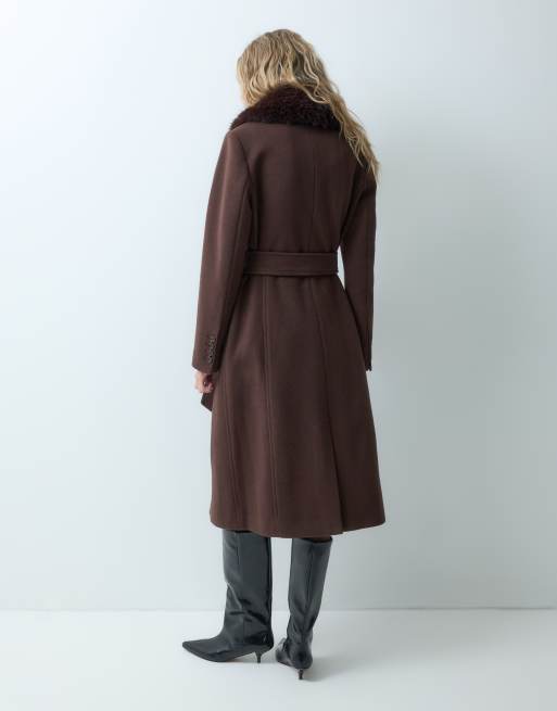 Forever New formal belted detachable faux fur collar longline coat in chocolate, 4 of 4
