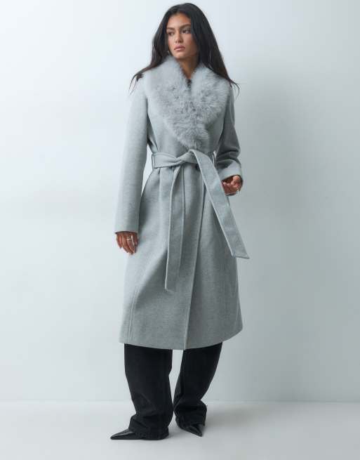 Forever New formal belted detachable faux fur collar longline coat in grey, 2 of 5