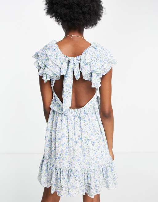 Forever New frill-shoulder tiered mini dress in green ditsy print, 4 of 4