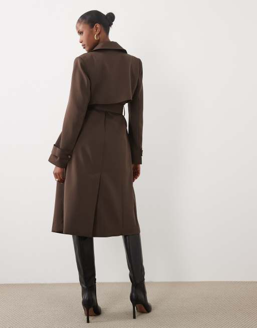 Forever New - gabardina larga con cinturón y botones en chocolate, 3 de 4