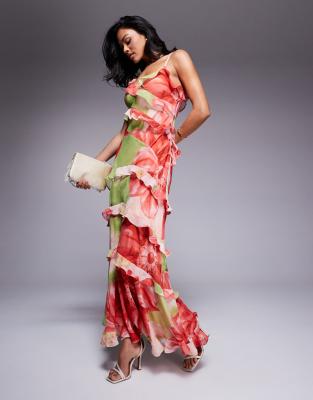 Forever New - Geblümtes Maxikleid in Rot und Limettengrün mit Rüschen