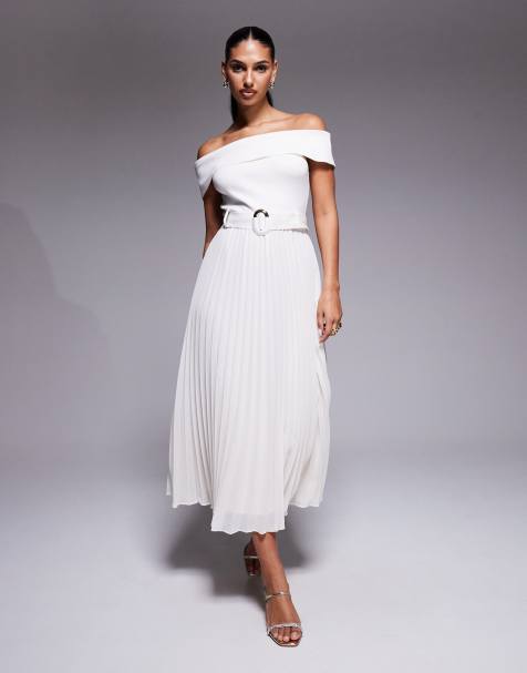 Forever New - Gebreide midi jurk met blote schouders en riem in crème - view 1