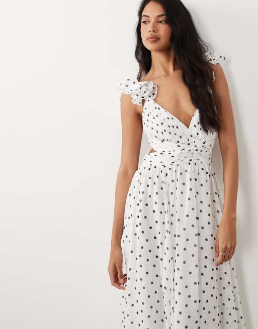 Forever New – Gepunktetes Maxikleid in Weiß mit Rüschenärmeln und Zierausschnitt, 2 von 4