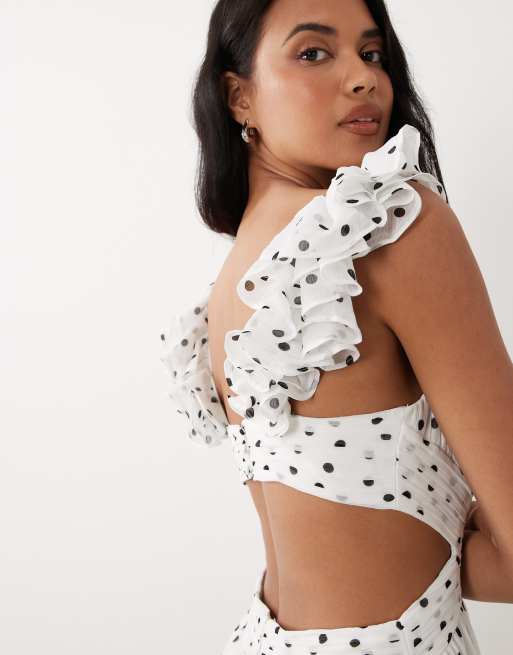 Forever New – Gepunktetes Maxikleid in Weiß mit Rüschenärmeln und Zierausschnitt, 3 von 4