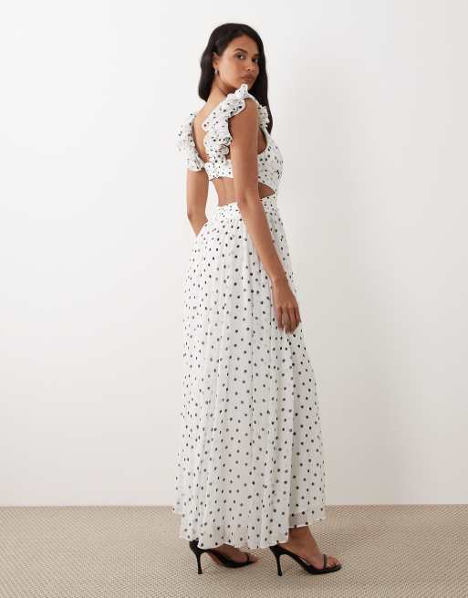 Forever New – Gepunktetes Maxikleid in Weiß mit Rüschenärmeln und Zierausschnitt, 4 von 4