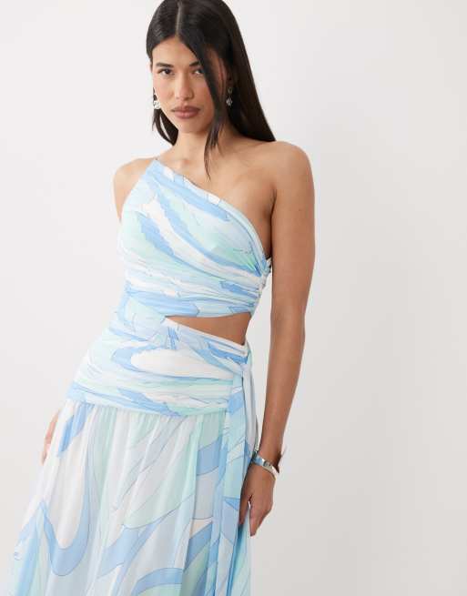 Forever New - Gerimpelde asymmetrische maxi jurk met uitsnijding in blauwe wervelprint, 2 van 4