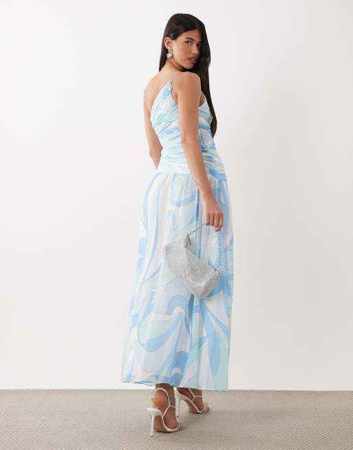 Forever New - Gerimpelde asymmetrische maxi jurk met uitsnijding in blauwe wervelprint, 4 van 4
