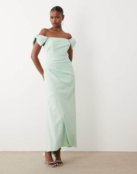 Forever New - Gerimpelde maxi jurk met structuur, blote schouders en strik op de mouwen in mintgroen - view 1