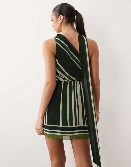 Forever New - Gestreepte mini jurk met halternek en sjaal in groen, 2 van 4