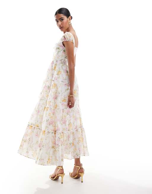 Forever New – Gestuftes Maxikleid in Cremeweiß mit Puffärmeln und Blumenmuster, 3 von 4
