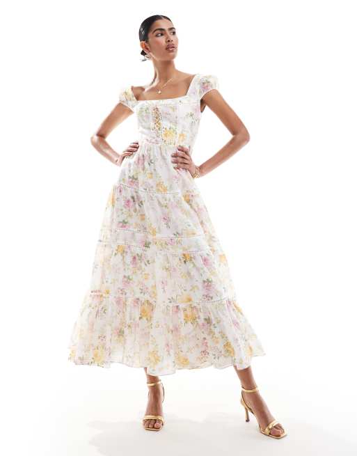 Forever New – Gestuftes Maxikleid in Cremeweiß mit Puffärmeln und Blumenmuster, 4 von 4