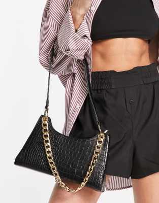 Forever New gold chain croc shoulder bag in black