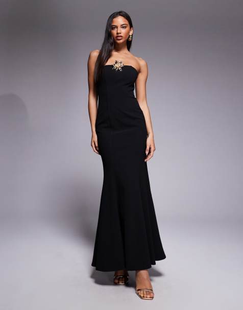 Forever New gold flower embellished fishtail maxi dress in black