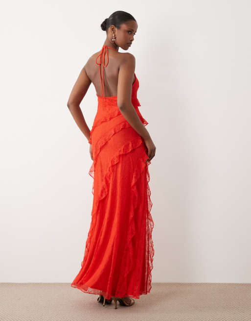 red halter neck lace dress Forever New halter neck lace ruffle maxi dress in red