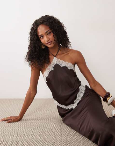 Forever New halter neck maxi dress with lace trim in chocolate - view 1